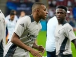 Real Madrid's Kylian Mbappe attends a training session ahead of the UEFA Super Cup Real Madrid's Kylian Mbappe attends a training session ahead of the UEFA Super Cup