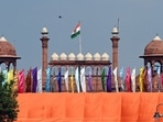 Colored flags are seen fluttering in front of Red Fort, the main venue for the Independence Day celebrations, in New Delhi, India, on Wednesday, August 14, 2024. (Photo by Sanjeev Verma/ Hindustan Times) Colored flags are seen fluttering in front of Red Fort, the main venue for the Independence Day celebrations, in New Delhi, India, on Wednesday, August 14, 2024. (Photo by Sanjeev Verma/ Hindustan Times)
