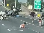 Two toddlers in diapers on landed on the highway after the collision of two cars.(@CollinRugg/X) Two toddlers in diapers on landed on the highway after the collision of two cars.(@CollinRugg/X)