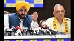 Chief minister Bhagwant Mann with SAD MLA Sukhwinder Sukhi who joined AAP in Chandigarh on Wednesday. (Ravi Kumar/HT) Chief minister Bhagwant Mann with SAD MLA Sukhwinder Sukhi who joined AAP in Chandigarh on Wednesday. (Ravi Kumar/HT)