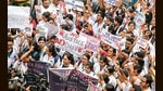 Doctors and medical students during a protest at the RG Kar Medical College and Hospital, in Kolkata, on Wednesday. (PTI) Doctors and medical students during a protest at the RG Kar Medical College and Hospital, in Kolkata, on Wednesday. (PTI)