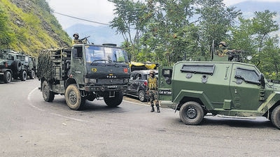 Army personnel near the site of the encounter in Doda district. (PTI) Army personnel near the site of the encounter in Doda district. (PTI)