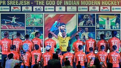 Hockey player PR Sreejesh with team members wearing jerseys with 'PR Sreejesh' on the back during his farewell ceremony. (ANI) Hockey player PR Sreejesh with team members wearing jerseys with 'PR Sreejesh' on the back during his farewell ceremony. (ANI)