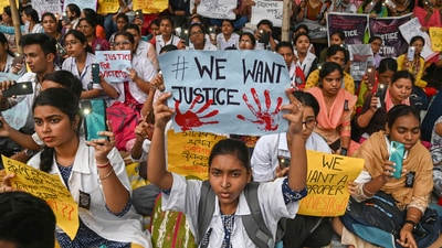 Doctors and nursing staff participate in a huge mass rally near RG Kar Medical College and Hospital protesting against rape and murder of a trainee doctor in Kolkata. (PTI) Doctors and nursing staff participate in a huge mass rally near RG Kar Medical College and Hospital protesting against rape and murder of a trainee doctor in Kolkata. (PTI)