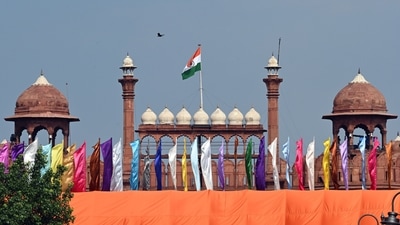 Colored flags are seen fluttering in front of Red Fort, the main venue for the Independence Day celebrations, in New Delhi, India, on Wednesday, August 14, 2024. (Photo by Sanjeev Verma/ Hindustan Times) Colored flags are seen fluttering in front of Red Fort, the main venue for the Independence Day celebrations, in New Delhi, India, on Wednesday, August 14, 2024. (Photo by Sanjeev Verma/ Hindustan Times)