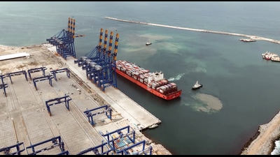 Thiruvananthapuram, Jul 12 (ANI): The container ship, ‘San Fernando’, from China marks the first arrival of such a vessel at India’s largest transhipment port at Vizhinjam International Seaport Limited (VISL) in Thiruvananthapuram on Thursday. (ANI Photo) (ANI) Thiruvananthapuram, Jul 12 (ANI): The container ship, ‘San Fernando’, from China marks the first arrival of such a vessel at India’s largest transhipment port at Vizhinjam International Seaport Limited (VISL) in Thiruvananthapuram on Thursday. (ANI Photo) (ANI)
