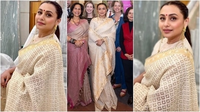 Rani Mukerji launched a Yash Chopra stamp at the Australian Parliament as part of the ongoing 15th Indian Film Festival of Melbourne. She wore a Sabyasachi saree, a cream silk blouse, and statement gold earrings for the occasion. (Instagram) Rani Mukerji launched a Yash Chopra stamp at the Australian Parliament as part of the ongoing 15th Indian Film Festival of Melbourne. She wore a Sabyasachi saree, a cream silk blouse, and statement gold earrings for the occasion. (Instagram)