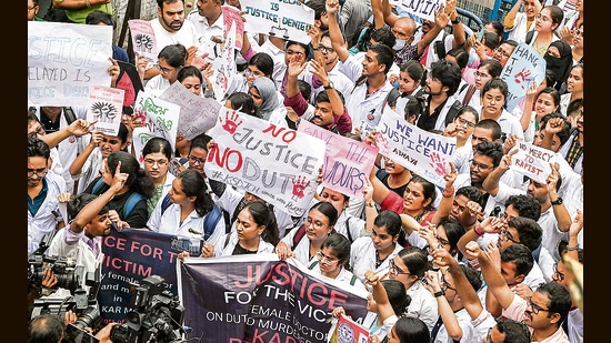 Latest news on August 14, 2024: Doctors and medical students during a protest at the RG Kar Medical College and Hospital, in Kolkata, on Wednesday. (PTI)