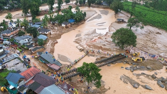 This handout photograph taken on August 1, 2024 and released by Humane Society International, India, shows an aerial view of the tea plantations after landslides in Wayanad. (Photo by Hemanth Byatroy / Humane Society International, India / AFP)(AFP)