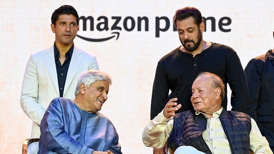 Bollywood actors Salman Khan (top R) and Farhan Akhtar (top L) with their respective fathers. On Tuesday, the Amazon unveiled the trailer of the docuseries. In the trailer, celebrities Amitabh Bachchan, Salman Khan, Hrithik Roshan, Shabana Azmi, Farhan Akhtar, Karan Johar and Jaya Bachchan mark their presence as they talked about the legendary work of Salim Khan and Javed Akhtar.(AFP)