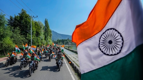 Independence Day 2024: Paramilitary officers participate during a motorcycle rally ahead of Independence Day celebrations in Srinagar.(AP)