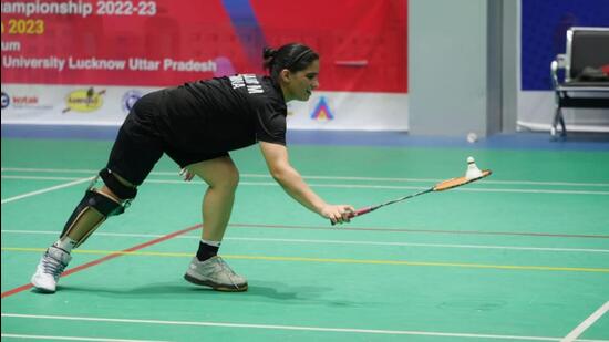 Mandeep Kaur in action during the Indian para-badminton training in Lucknow on Wednesday. (Deepak Gupta/HT Photo)