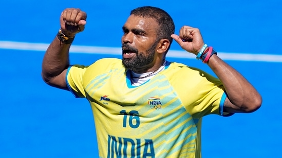 Colombes: India's goalkeeper PR Sreejesh celebrates after India won the men's hockey bronze medal match against Spain(PTI)