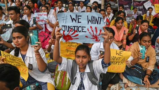 Doctors and nursing staff participate in a huge mass rally near RG Kar Medical College and Hospital protesting against rape and murder of a trainee doctor in Kolkata. 