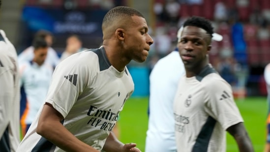 Real Madrid's Kylian Mbappe attends a training session ahead of the UEFA Super Cup(AP)