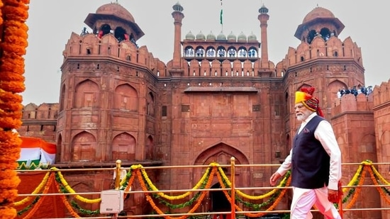 Prime Minister Narendra Modi at the Red Fort. (ANI)