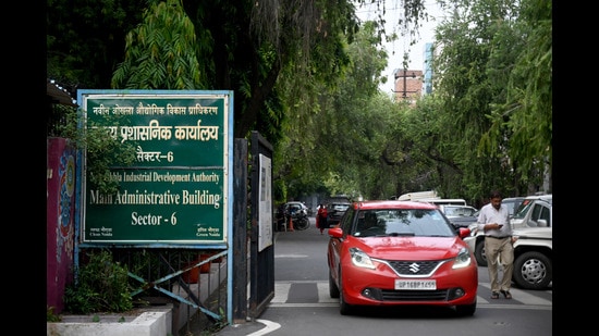 The Noida authority has filed an FIR against the conman and also begun an inquiry to determine how did it happen, in Noida, India, on Wednesday. (Sunil Ghosh/HT Photo)