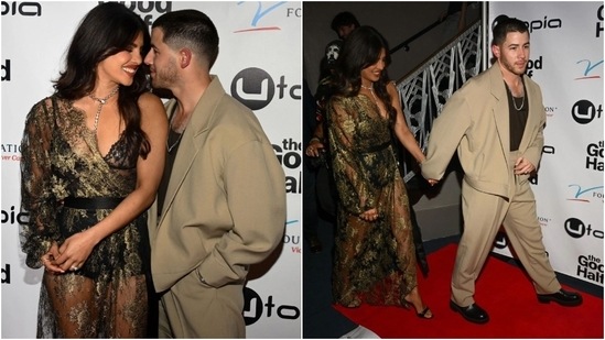 Priyanka supported her husband, Nick Jonas, at the Los Angeles premiere of his upcoming film The Good Half. PeeCee wore a green lace-embroidered sheer gown for the occasion. She styled the ensemble with a see-through lace bodice, booty shorts, loose tresses, a Bulgari necklace, high heels, gold hoop earrings, and rings. (Instagram)