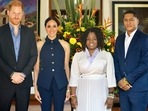 Handout picture released by Colombia's Vice Presidency press office showing Britain's Prince Harry (L), Duke of Sussex, and his wife Meghan (2-L) with Colombian Vice President Francia Marquez (2-R) and her husband Yernei Pinillo in Bogota on August 15, 2024. (AFP) Handout picture released by Colombia's Vice Presidency press office showing Britain's Prince Harry (L), Duke of Sussex, and his wife Meghan (2-L) with Colombian Vice President Francia Marquez (2-R) and her husband Yernei Pinillo in Bogota on August 15, 2024. (AFP)