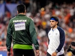 India's Neeraj Chopra and Pakistan's Arshad Nadeem during the men's javelin throw final at the 2024 Summer Olympics, in Paris.(PTI) India's Neeraj Chopra and Pakistan's Arshad Nadeem during the men's javelin throw final at the 2024 Summer Olympics, in Paris.(PTI)