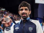 Paris: Bronze medalist India's Aman Sehrawat poses for photos during the victory ceremony for the men's 57kg free-style wrestling