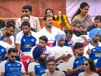 Leader of Opposition in Lok Sabha Rahul Gandhi with the Paris Olympics 2024 medal winning contingent and others during the 78th Independence Day celebration at the Red Fort.(PTI) Leader of Opposition in Lok Sabha Rahul Gandhi with the Paris Olympics 2024 medal winning contingent and others during the 78th Independence Day celebration at the Red Fort.(PTI)