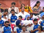 New Delhi: Leader of Opposition in Lok Sabha Rahul Gandhi with the Paris Olympics 2024 medal-winning contingent and others during the 78th Independence Day celebration at the Red Fort, in New Delhi, Thursday, Aug. 15, 2024.(PTI) New Delhi: Leader of Opposition in Lok Sabha Rahul Gandhi with the Paris Olympics 2024 medal-winning contingent and others during the 78th Independence Day celebration at the Red Fort, in New Delhi, Thursday, Aug. 15, 2024.(PTI)