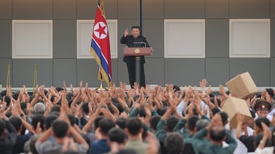 North Korean leader Kim Jong Un speaks during a visit to the flood-affected area of Uiju County, North Pyongan Province, North Korea, in this photo released August 10, 2024. (KCNA via REUTERS)