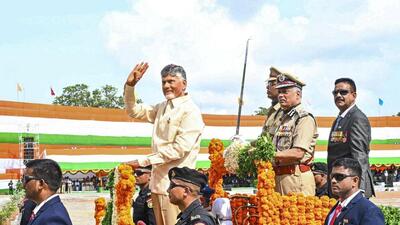 Andhra Pradesh chief minister Nara Chandrababu Naidu during the 78th Independence Day celebrations, in Vijayawada, on Thursday. (PTI) Andhra Pradesh chief minister Nara Chandrababu Naidu during the 78th Independence Day celebrations, in Vijayawada, on Thursday. (PTI)