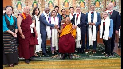 Kangra, Jun 19 (ANI): The Bipartisan US Congressional delegation led by Representative Michael McCaul and former US House Speaker Nancy Pelosi meet Tibetan spiritual leader Dalai Lama at his residence in Mcleodganj, Kangra on Wednesday. (ANI Photo) (Gourav)