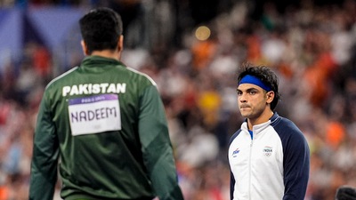 India's Neeraj Chopra and Pakistan's Arshad Nadeem during the men's javelin throw final at the 2024 Summer Olympics, in Paris. (PTI) India's Neeraj Chopra and Pakistan's Arshad Nadeem during the men's javelin throw final at the 2024 Summer Olympics, in Paris. (PTI)