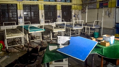 Damaged medical equipments in the emergency room after unidentified miscreants vandalised a portion of the RG Kar Medical College and Hospital amid midnight protests by women in various parts of West Bengal against the alleged rape and murder of a post graduate trainee doctor, in Kolkata, Thursday, Aug. 15, 2024. (PTI Photo) (PTI) Damaged medical equipments in the emergency room after unidentified miscreants vandalised a portion of the RG Kar Medical College and Hospital amid midnight protests by women in various parts of West Bengal against the alleged rape and murder of a post graduate trainee doctor, in Kolkata, Thursday, Aug. 15, 2024. (PTI Photo) (PTI)