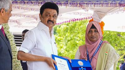 Tamil Nadu chief minister MK Stalin presents the Kalpana Chawla Award to Sabeena for rescuing people injured in Wayanad landslides during 78th Independence Day celebration at state secretariat, in Chennai, on Thursday. (PTI)