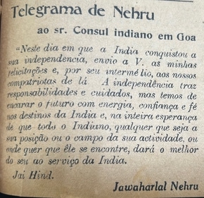 Nehru’s telegram to the Consul of India in Goa. Nehru’s telegram to the Consul of India in Goa.