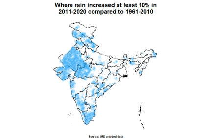 Where rain increased by at least 10% in 2011-2020 compared to 1961-2010 (Abhishek Jha) Where rain increased by at least 10% in 2011-2020 compared to 1961-2010 (Abhishek Jha)
