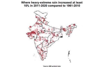Where heavy extreme rain increased at least 10% in 2011-2020 compared to 1961-2010 (Abhishek Jha) Where heavy extreme rain increased at least 10% in 2011-2020 compared to 1961-2010 (Abhishek Jha)