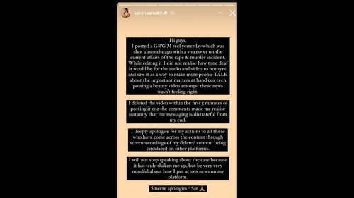 Sarah Sarosh apologises for GRWM video. Sarah Sarosh apologises for GRWM video.