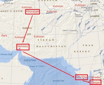 A map depicting the trajectory of Parsi settlement in India (Photo: Zoroastrians.net)