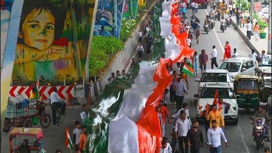 A Tricolor march in Noida on Thursday. (Sunil Ghosh/HT Photo)