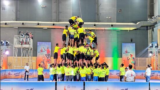 A team practising for the Pro Govinda League at Baburav Sarnaik Gymnastic Center, Thane.
