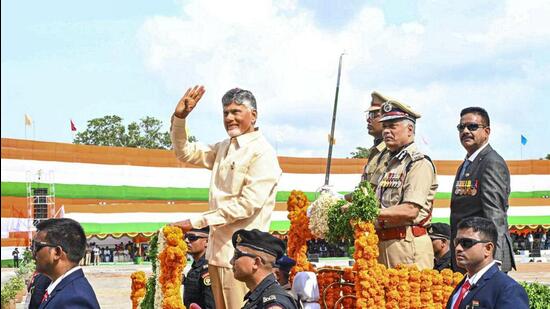 Andhra Pradesh chief minister Nara Chandrababu Naidu during the 78th Independence Day celebrations, in Vijayawada, on Thursday. (PTI)