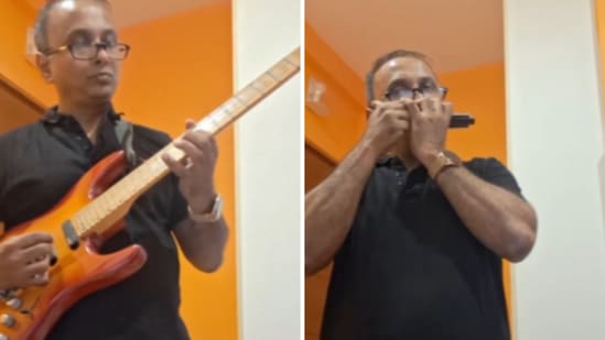 The image shows author Arun Krishnan playing beautiful renditions of the National Anthem using guitar and harmonica. (X/@ArunKrishnan_)