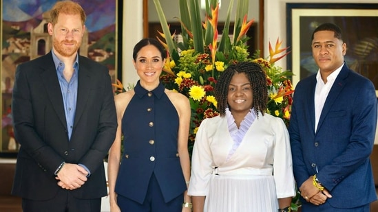 Latest news on August 16, 2024: Handout picture released by Colombia's Vice Presidency press office showing Britain's Prince Harry (L), Duke of Sussex, and his wife Meghan (2-L) with Colombian Vice President Francia Marquez (2-R) and her husband Yernei Pinillo in Bogota on August 15, 2024. 