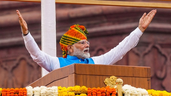 Prime Minister Narendra Modi addresses the nation from the Red Fort on 78th Independence Day, in New Delhi, Aug. 15, 2024. 