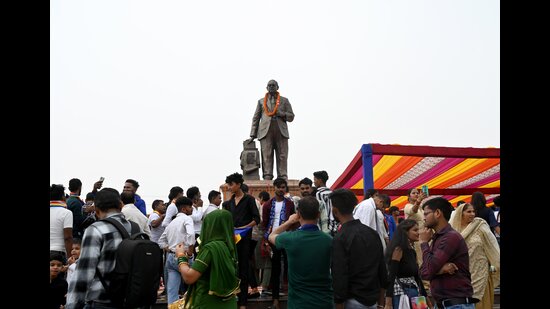 Noida, India- April 14, 2024: People seen on the occasion of the 133th birth anniversary of Dalit icon BR Ambedkar at Rashtriya Dalit Prerna Sthal, sector 95, in Noida, India, on Sunday, April 14, 2024. (Photo by Sunil Ghosh / Hindustan Times) (Hindustan Times)