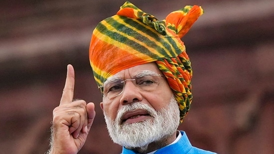 New Delhi: Prime Minister Narendra Modi addresses the nation from the Red Fort on 78th Independence Day, in New Delhi, Thursday, Aug. 15, 2024. (PTI Photo/Shahbaz Khan) (PTI08_15_2024_000173A)(PTI)