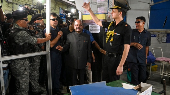 West Bengal governor CV Ananda Bose visits the emergency department of the RG Kar Medical College and Hospital after unidentified miscreants vandalised a portion of the hospital amid midnight protests by women in various parts of West Bengal against the alleged rape and murder of a post graduate trainee doctor, in Kolkata, Thursday. (PTI)