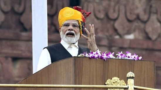 Last year, PM Modi opted for a vibrant Rajasthani-style turban featuring multiple colours and a lengthy tail. He completed the look with an off-white kurta, white trousers, and a jacket enhanced by a pocket square.&nbsp;(File Photo/ANI)