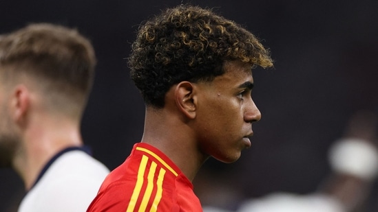 Spain's forward #19 Lamine Yamal looks during the UEFA Euro 2024 final (AFP)