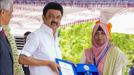 Tamil Nadu chief minister MK Stalin presents the Kalpana Chawla Award to Sabeena for rescuing people injured in Wayanad landslides during 78th Independence Day celebration at state secretariat, in Chennai, on Thursday. (PTI)